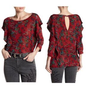 FREE PEOPLE Dock Street Red Combo Romantic Ruffle Top Size Small Slinky Knit